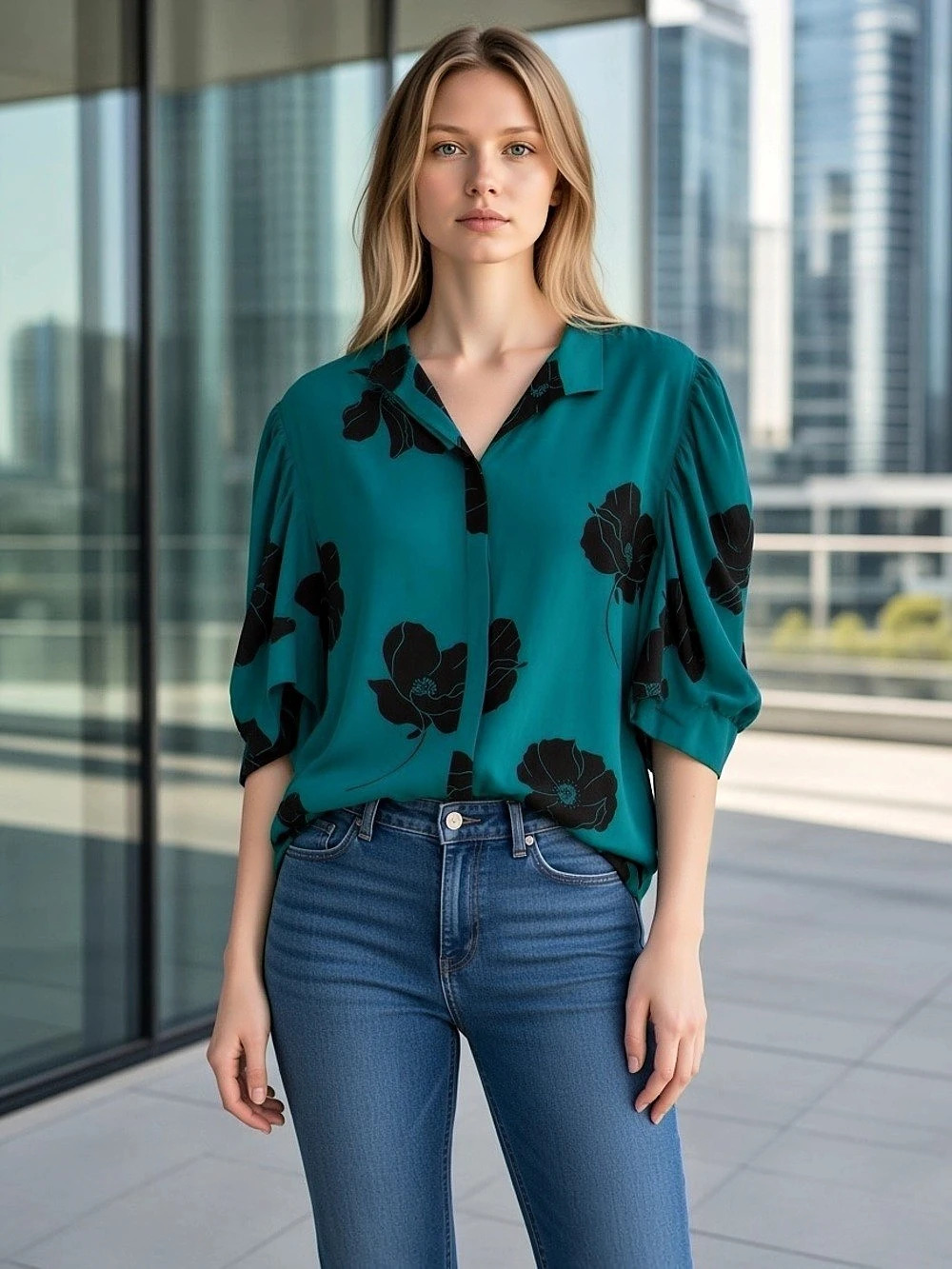 Ann Taylor Floral Button-Front Blouse in Blue Like New